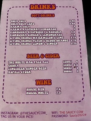 Menu  at The Saucy Cow in Dublin