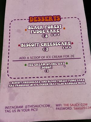 Menu  at The Saucy Cow in Dublin