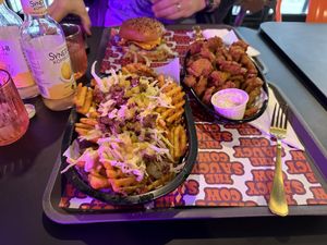 Loaded fries, mushroom bites and burger    at The Saucy Cow in Dublin