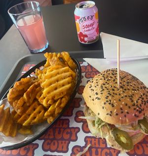 The space cowboy with the waffle fries and a soda  at The Saucy Cow in Dublin