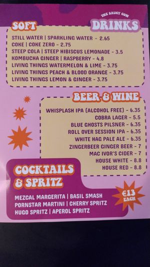 New drinks menu as of September 2025 at The Saucy Cow in Dublin