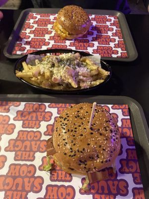 The classic (below) and dzouble cheese (above). Garlic parma fries. All vegan   at The Saucy Cow in Dublin