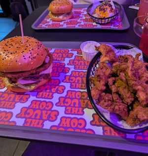 Buckfast BBQ burger and oyster mushroom wings at The Saucy Cow in Dublin