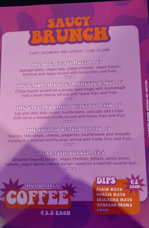 Brunch menu as of November 2025 (front) at The Saucy Cow in Dublin