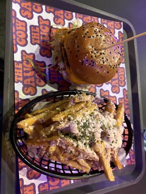 Big wap burger and garlic parm fries  at The Saucy Cow in Dublin