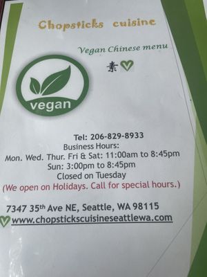 Vegan menu!  at Chopsticks Cuisine in Seattle