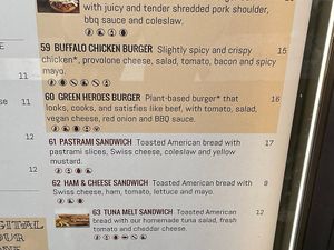 Burger menu with one vegan burger; the Green Heroes Burger (July 2023) at Caffe Washington in Rome