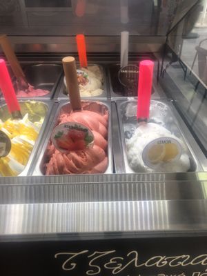 Right 2 in the cabinet are vegan with more in the back    at Gelatiamo in Rhodes
