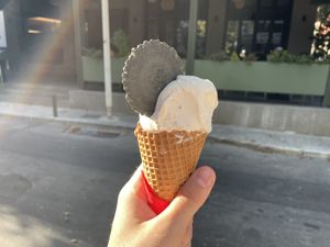 Almond milk flavor, vegan cone and vegan cookie  at Gelatiamo in Rhodes