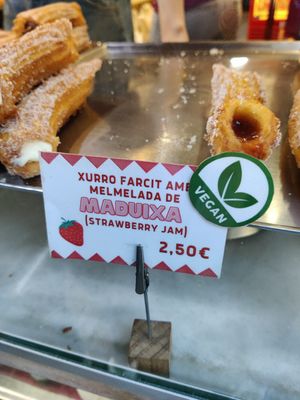 Strawberry jam filled churros at Xurreria Trebol in Barcelona