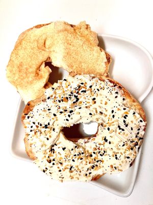 Bagels with Vegan Cream Cheese with everything seasoning  at Ayla's Bagel & Coffee in Woodbury