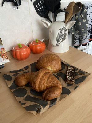 Cradle Pain au Chocolat and Croissant, alongside a Miller’s Raw Chocolate Bar   at Bonitas Wholefoods in Stowmarket