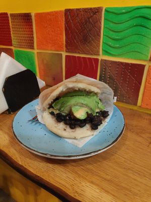 Pabellón vegano: black beans, sweet plantain banana, avocado at Arepera Maracay in Zagreb