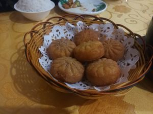 Pumpkin buns, crunchy on outside, gooey inside...yummy! at Beijing Zheng Long Zhai in Beijing