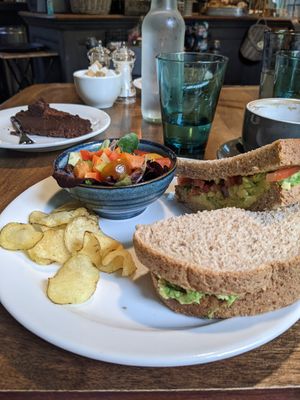 Avocado & tomato sandwich ft. Chocolate brownie torte at The River Bothy in Berriedale