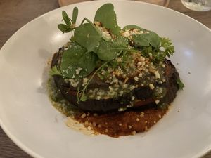 Hoofdgerecht met aubergine en vegan mozzarella   at Lento in Antwerpen