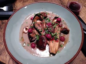 Seasonable miso eggplant with pickled cherries and mushrooms at Palette in Kappeln