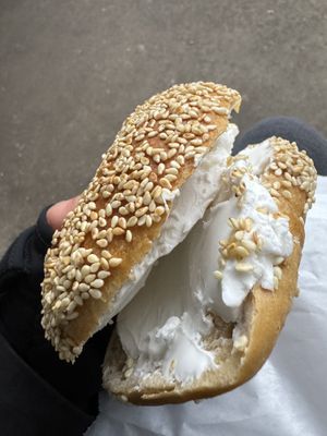 Vegan shmear (way too much) on sesame   at Zylberschtein's in Seattle