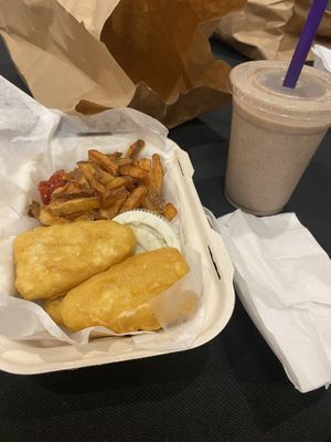 “Fish” & chips with a chocolate blast milkshake   at Zammy's Vegan Kitchen in Columbus