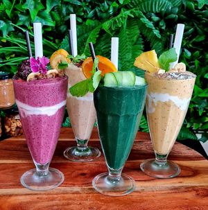 Plant Smoothies:
Super Berry: Jojo berry's, LSA 
Banana : Chai LSA
SuperGreen: green leafy veges,  ginger,  Spiralina & LSA 
Tropical: mixed tropo fruit with Chai seeds & Cocon at Wild Pear Kitchen in New Plymouth
