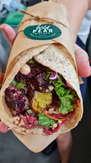 Mezze Wrap :
Filled with Hummus Tizikhi,  wild weed pesto, Tabbhouli, Falfals, Feta sundried tomato, Rawslaw & Greens.  Vegan, Gluten free  avalible at Wild Pear Kitchen in New Plymouth