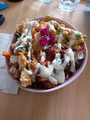 Chickpea salad, pad Thai and jackfruit taco. Yummmmm!! at Wild Pear Kitchen in New Plymouth