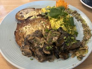 Tofu scramble, creamy mushrooms and sourdough toastt  at Wild Pear Kitchen in New Plymouth