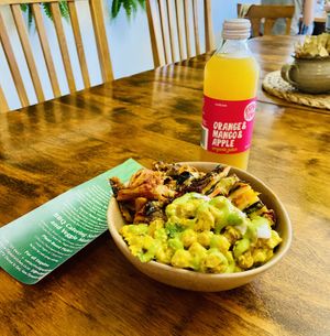 Chick pea and turmeric salad with vegetarian dairy free lasagne and eggplant pene pasta!   at Wild Pear Kitchen in New Plymouth