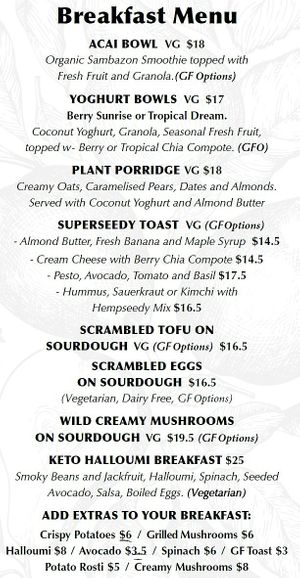 Breakfast menu at Wild Pear Kitchen in New Plymouth