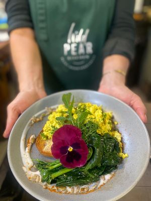 Scrambled Tofu on Sourdough Toast with wilted Spinach at Wild Pear Kitchen in New Plymouth
