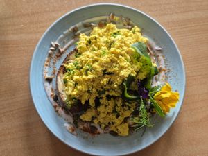 Scrambled tofu on sourdough at Wild Pear Kitchen in New Plymouth
