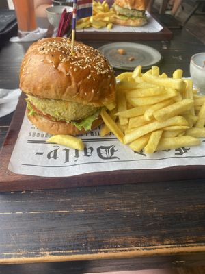 Vegan burger with fries   at Ocean Cafe in Santa Maria