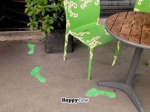 Green outdoor seats at Graenn Kostur in Reykjavik