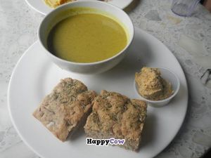 Vegan curry leek soup with rosemary-salted bread and hummus at Graenn Kostur in Reykjavik