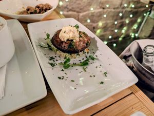 MOUNT MUSHROOM - Asian style couscous topped with flat mushroom & caramelised shallot cream cheese. at Brooks in Ilkley