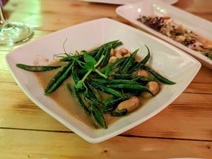 GREEN BEAN & CASHEW NUT CURRY - Tender green beans, whole cashew nuts cooked in a Sri Lankan curry sauce. (gf) (vg) at Brooks in Ilkley