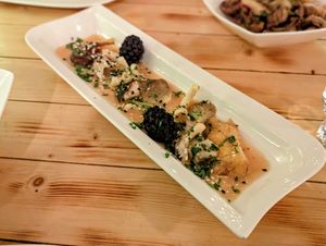FORAGED MUSHROOMS - Braised wild mushrooms on a lightly spiced Ceylon curry sauce bed, topped with sesame seeds & berries. (vg) (gf)  at Brooks in Ilkley