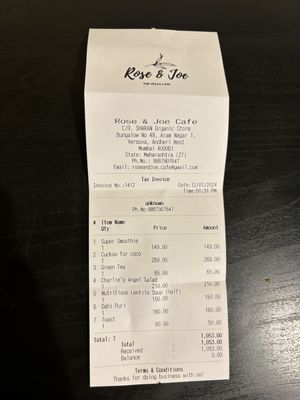 Receipt   at Rose & Joe  in Mumbai