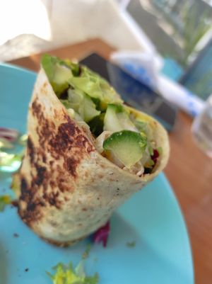 Wrap de falafel con aguacate y verduras (la primera mitad ya nos la habíamos comido antes de hacer la foto...) at Pure Kitchen in Cumbre Del Sol