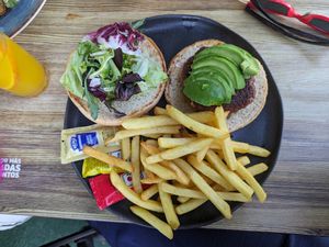 Beyond burger with chips (beware the nonvegan mayo served with this) at Tito's in Mojacar