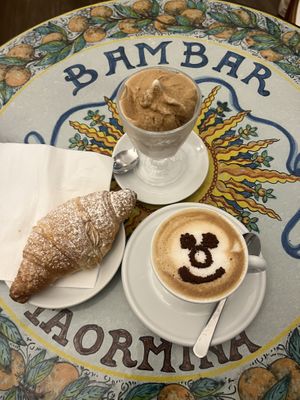 Coffee and Almond Granita, vegan croissant, soya cappuccino   at Bam Bar in Taormina