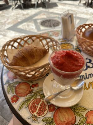 Almond and raspberry granita with vegan croissantt  at Bam Bar in Taormina