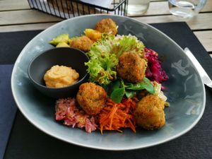my lunch - corn falafel humus salad at Quellenhof in Gossau