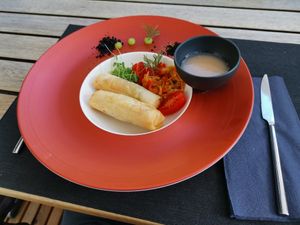 Second lunch 🤣🤣 small portion of crispy shü cai springrolls at Quellenhof in Gossau