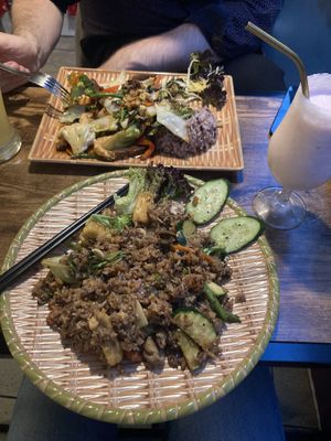 Fried rice #93 (seafood) and #99 (meat) with strawberry „smoothie“ (ice milk shake)  at Vegan 1983 in Erfurt