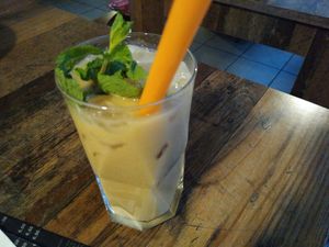 Milk tea with soy milk and kombucha at Vegan 1983 in Erfurt