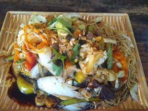 Mixed vegan meats and fried rice noodles at Vegan 1983 in Erfurt