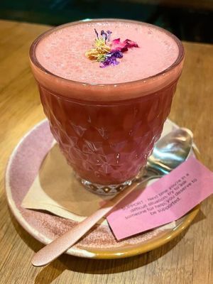 Beetroot and cacao latte. Coffee free superfood drinks.  at VIBE Plant Based Cafe & Restaurant in Douglas