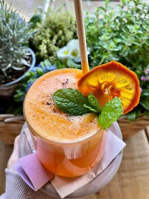 Liquid Gold. Fresh pressed fruit juice.  at VIBE Plant Based Cafe & Restaurant in Douglas