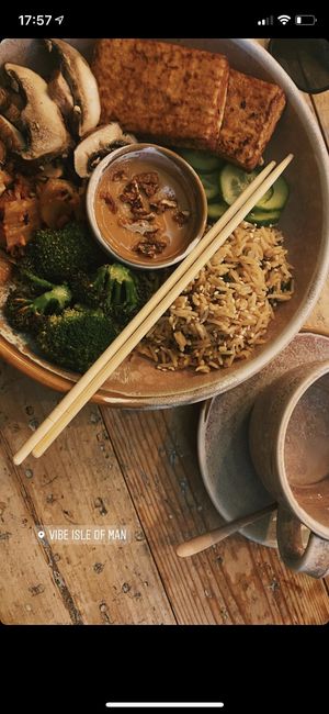 Japanese salad bowl. Teryaki Tofu, fresh cucumber, wakami rice, house made kimchi, sesame broccoli and roasted garlic mushrooms .  at VIBE Plant Based Cafe & Restaurant in Douglas